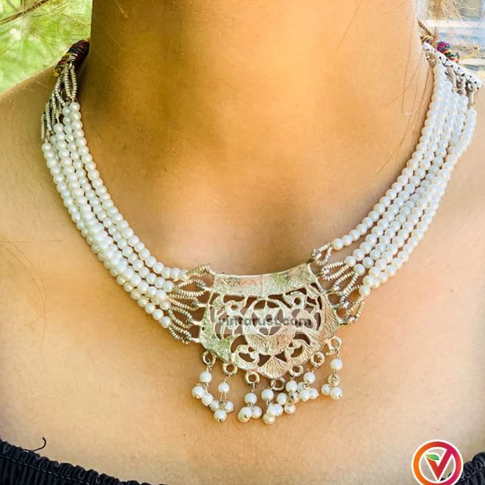 Handmade White Pearls Beaded Chain Multilayers Necklace, Indian Style Necklace